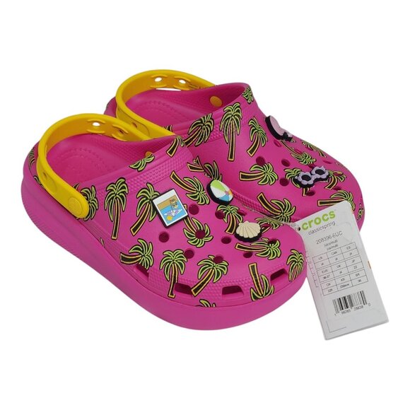 Crocs Classic Spring Jibbitz Clogs Kids Size J5 Pink Palm Trees 1.5" Platform - Picture 1 of 8